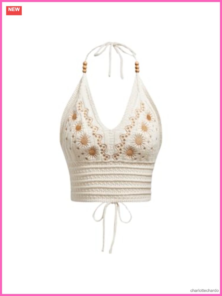 Boho Crochet Halter Crop Top Tie Backless Embroidered Hippie Tank